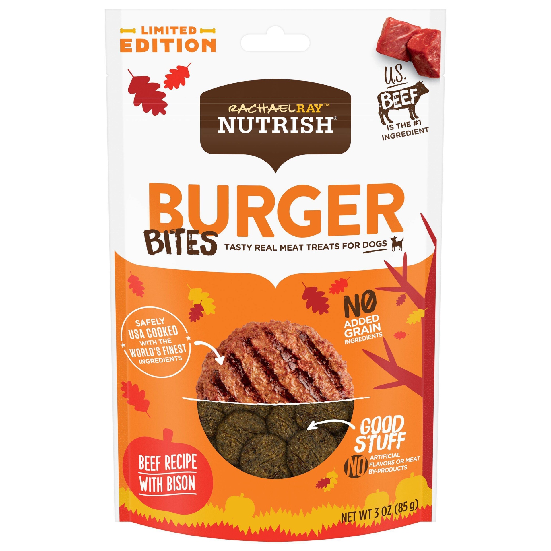 slide 1 of 1, Rachael Ray Nutrish Burger Bites Beef Bison Dog Treats, 3 oz