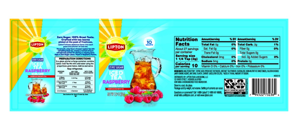 slide 7 of 8, Lipton Zero Sugar ITM 10qt Raspberry, 2.9 oz