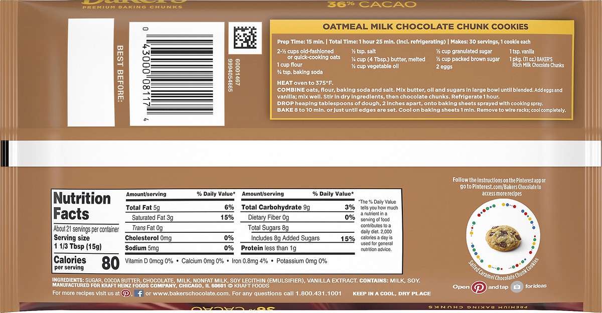 slide 2 of 12, Baker's Milk Chocolate Baking Chunks, 11 oz Bag, 11 oz