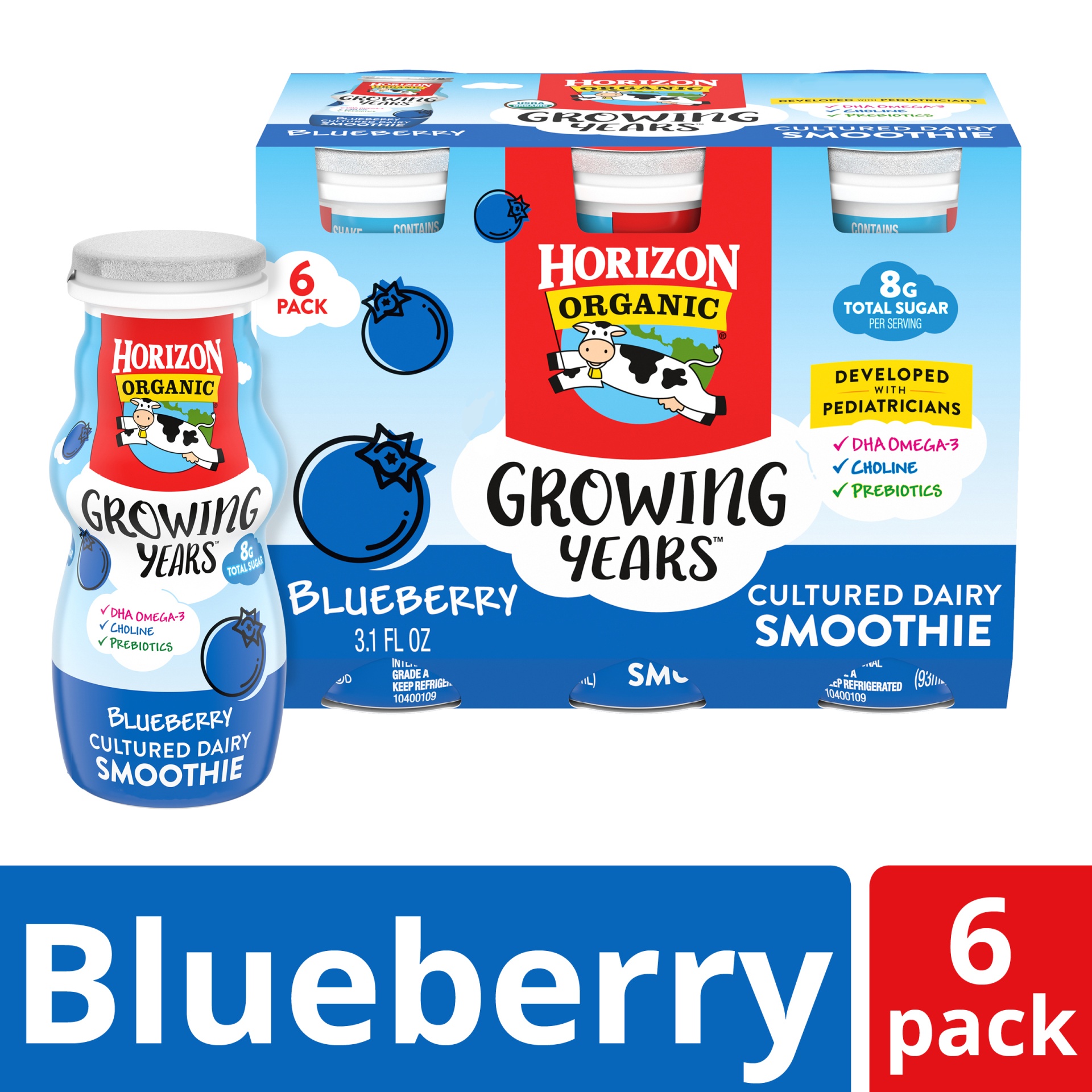 slide 1 of 1, Horizon Organic Growing Years Low Fat Blueberry Smoothies with DHA Omega-3, 3.1 fl oz