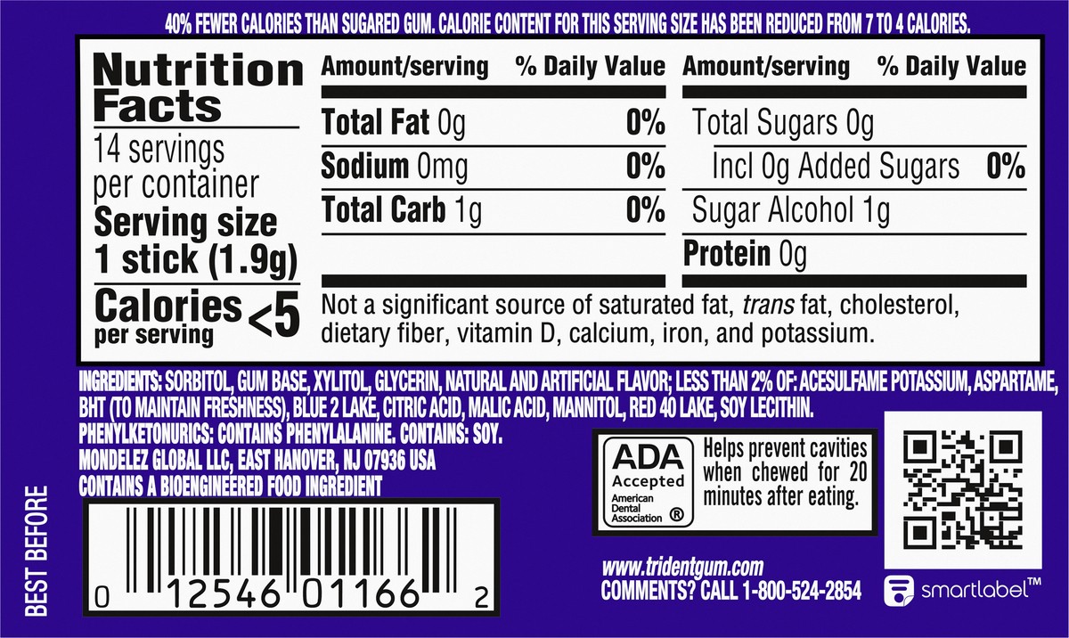 slide 9 of 9, Trident Wild Blueberry Twist Sugar Free Gum, Made with Xylitol, 14 Piece Pack, 0.06 lb