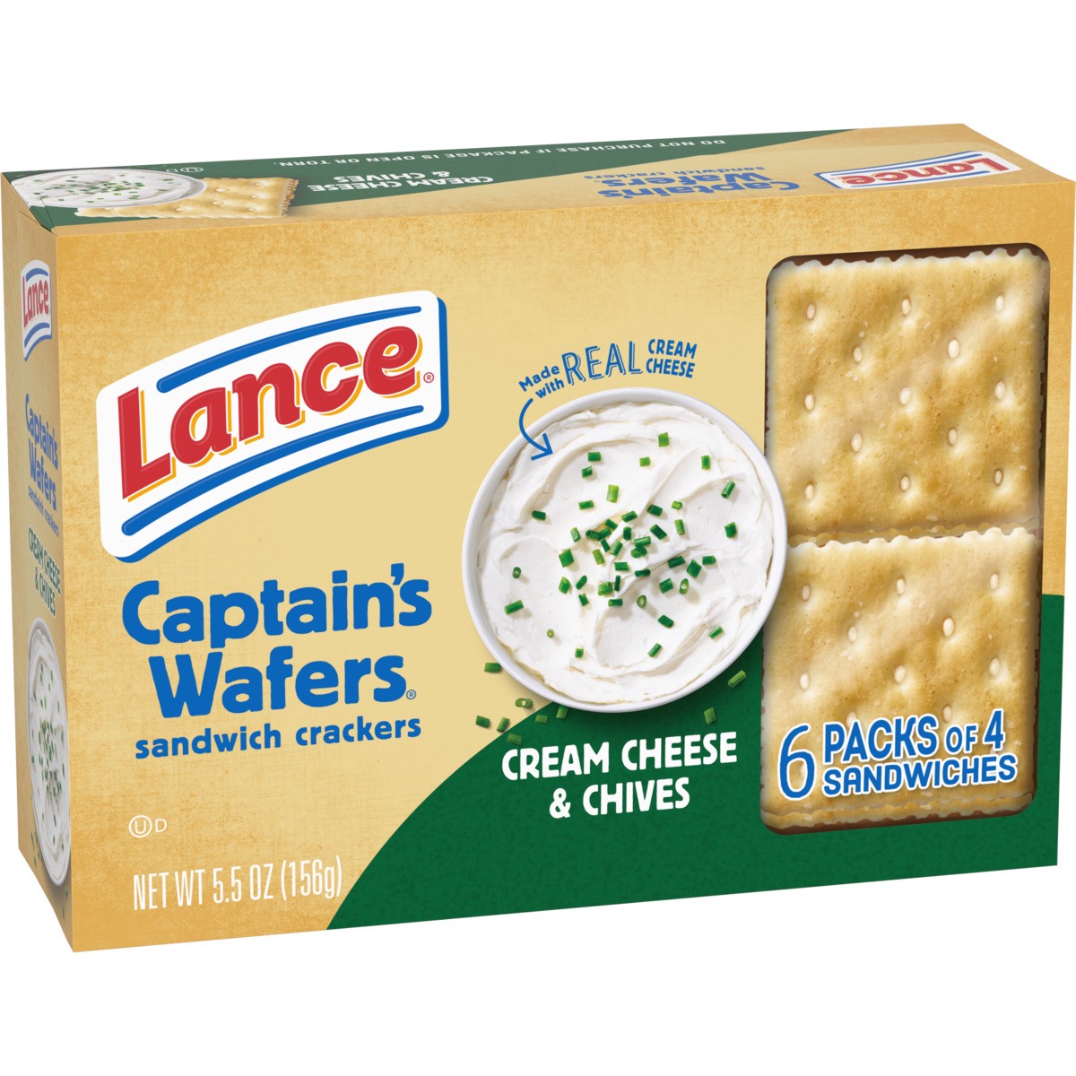 slide 8 of 11, Lance Sandwich Crackers, Captain's Wafers Cream Cheese and Chives, 6 Packs, 4 Sandwiches Each, 5.5 oz