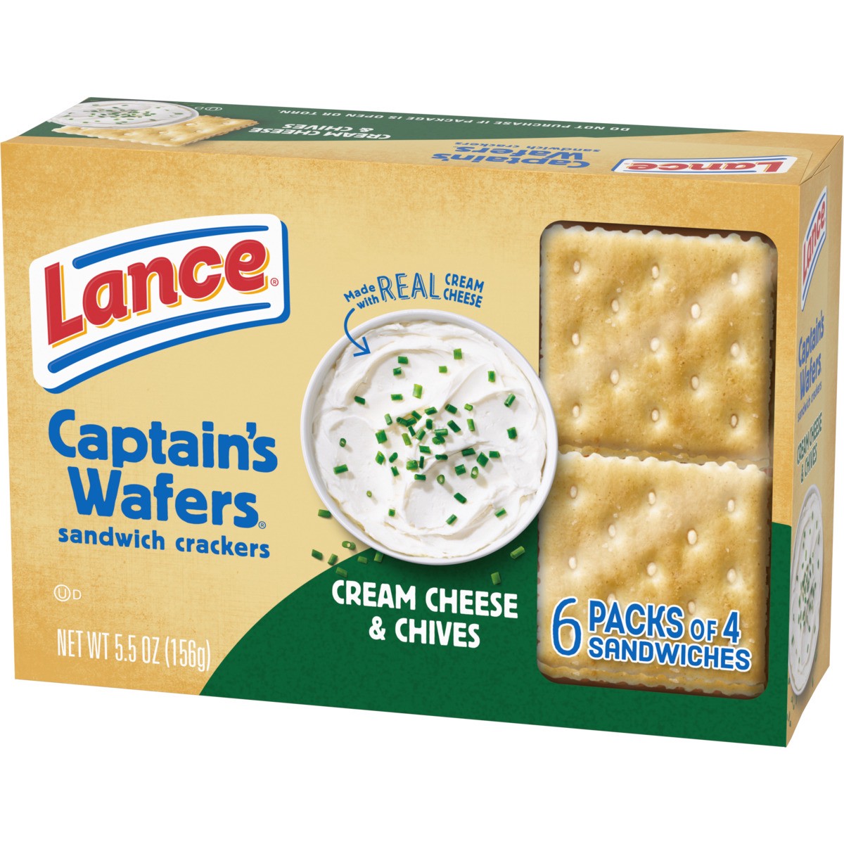slide 7 of 11, Lance Sandwich Crackers, Captain's Wafers Cream Cheese and Chives, 6 Packs, 4 Sandwiches Each, 5.5 oz