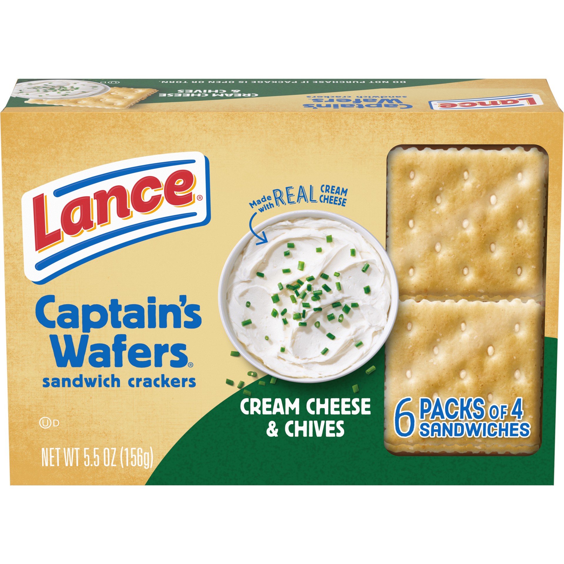 slide 1 of 11, Lance Sandwich Crackers, Captain's Wafers Cream Cheese and Chives, 6 Packs, 4 Sandwiches Each, 5.5 oz