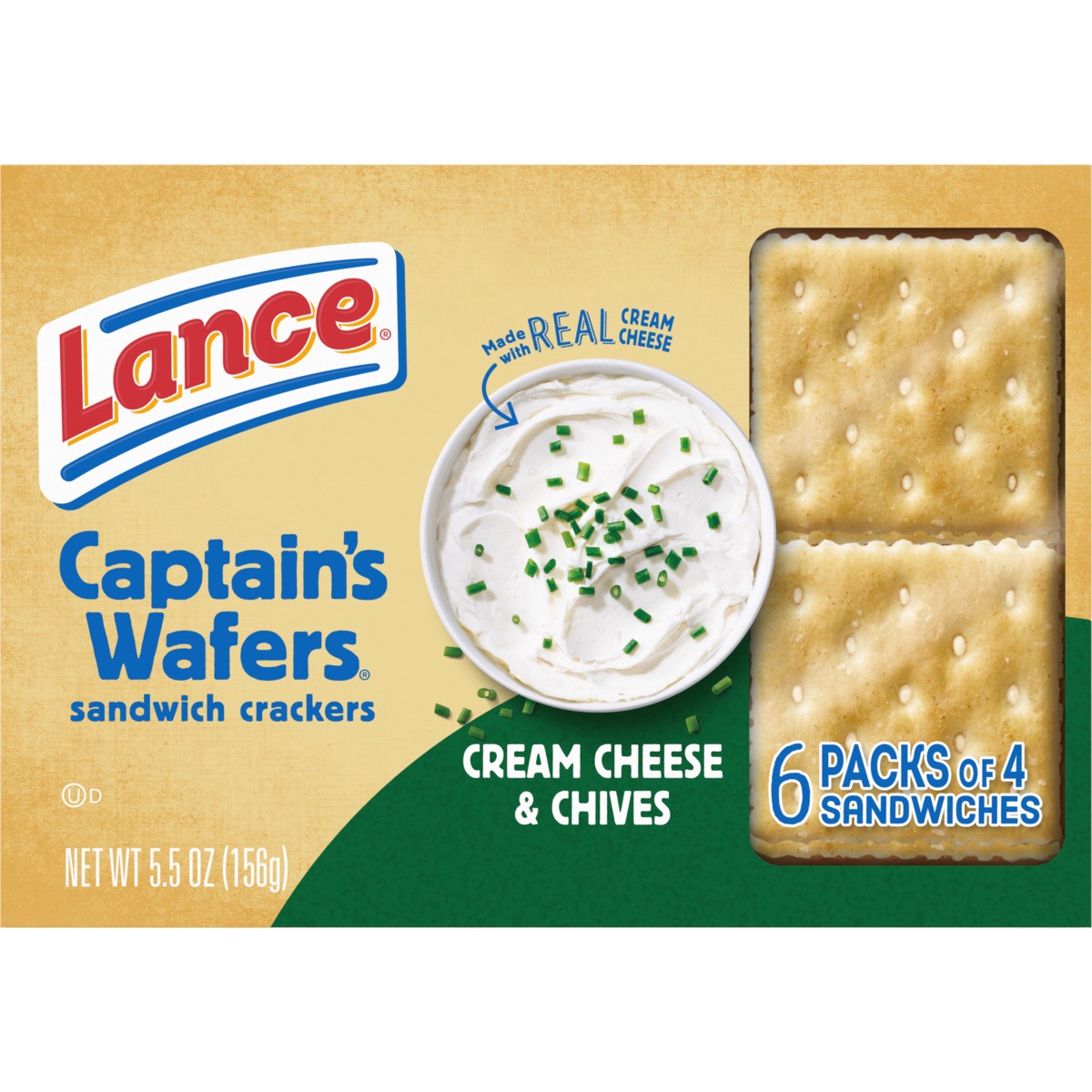 slide 4 of 11, Lance Sandwich Crackers, Captain's Wafers Cream Cheese and Chives, 6 Packs, 4 Sandwiches Each, 5.5 oz