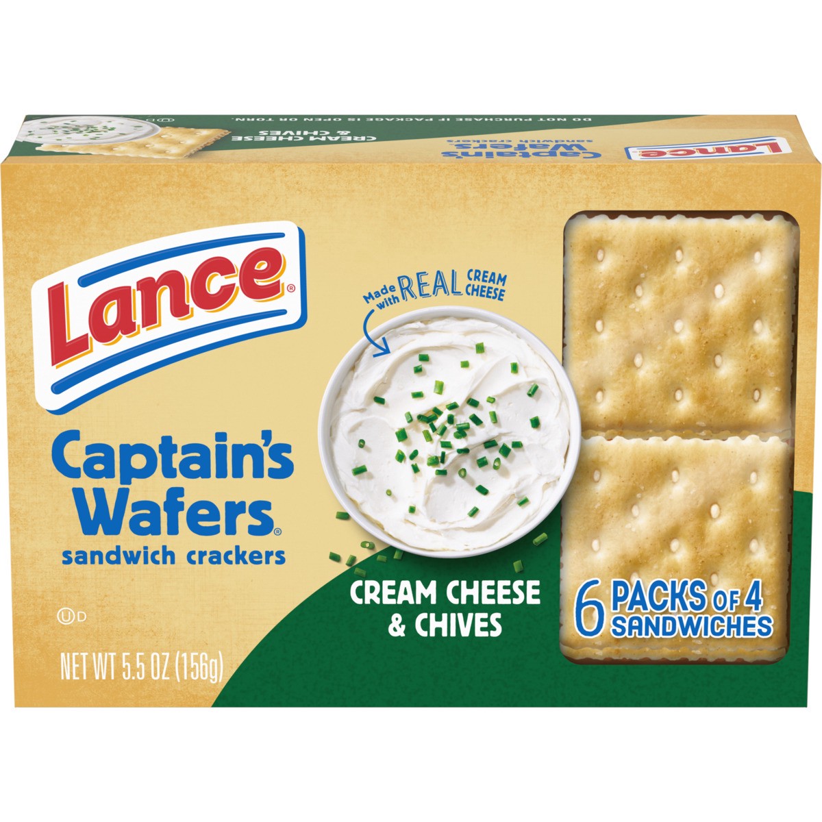 slide 2 of 11, Lance Sandwich Crackers, Captain's Wafers Cream Cheese and Chives, 6 Packs, 4 Sandwiches Each, 5.5 oz