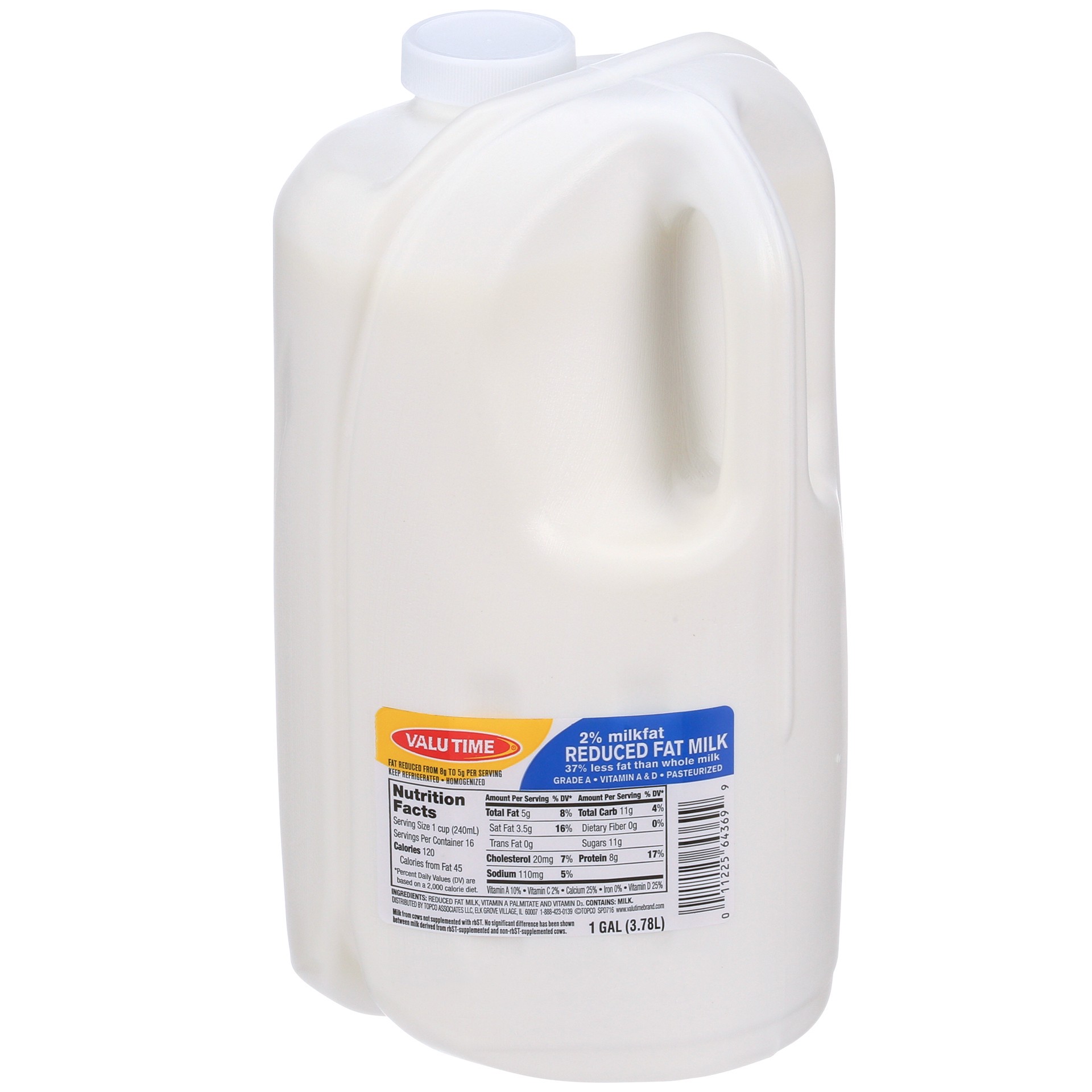 slide 1 of 1, Valu Time Milk, Reduced Fat, 2% Milkfat, 128 fl oz