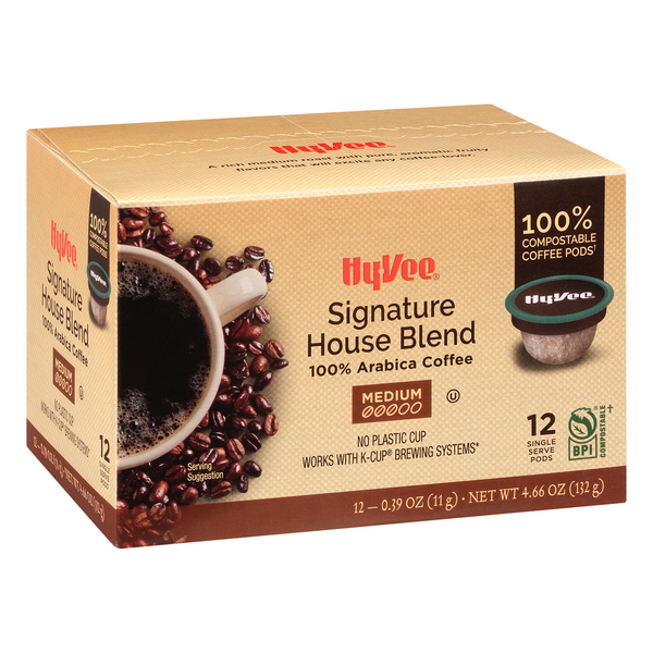 slide 1 of 1, Hy-Vee Coffee Signature House Blend, Single Serve 12-0.39 Oz Pods, 4.66 oz