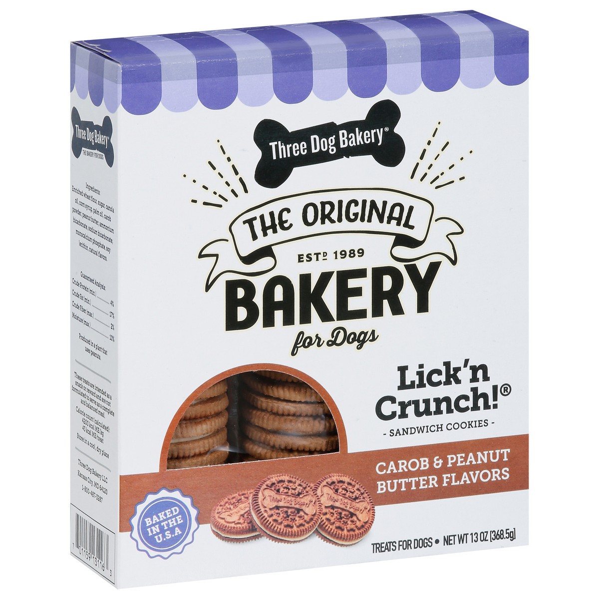 slide 3 of 15, Three Dog Bakery Lick''n Crunch! Sandwich Cookies Carob & Peanut Butter Flavors Treats for Dogs 13 oz, 13 oz