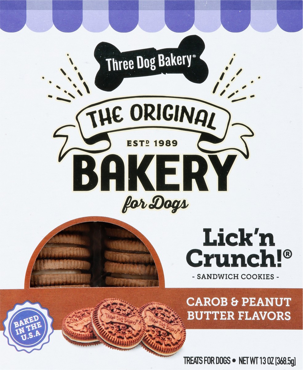 slide 4 of 15, Three Dog Bakery Lick''n Crunch! Sandwich Cookies Carob & Peanut Butter Flavors Treats for Dogs 13 oz, 13 oz