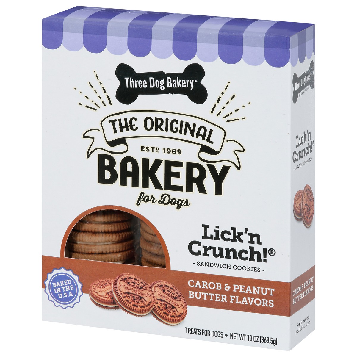 slide 11 of 15, Three Dog Bakery Lick''n Crunch! Sandwich Cookies Carob & Peanut Butter Flavors Treats for Dogs 13 oz, 13 oz