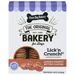 Three Dog Bakery Lick'n Crunch! Sandwich Cookies Carob & Peanut Butter Flavors Treats for Dogs 13 oz