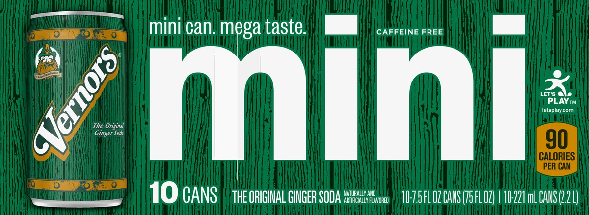 slide 3 of 7, Vernors Mini Caffeine Free Ginger Soda 10-7.5 oz Cans, 10 ct