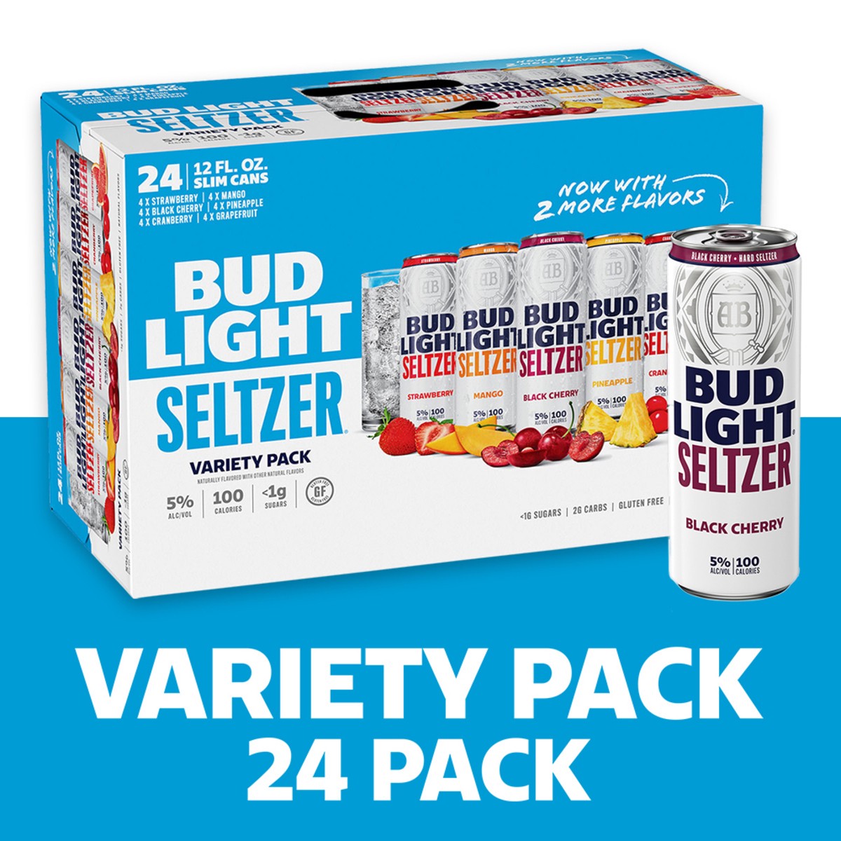 slide 1 of 10, Bud Light Seltzer Variety Pack, Hard Seltzer, Gluten Free, 24 Pack, 12 FL OZ Slim Cans, 5% ABV, 12 fl oz