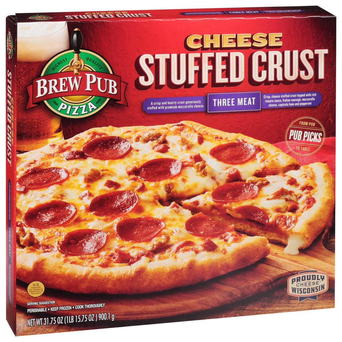 slide 2 of 13, Brew Pub Pizza Stuffed Crust Cheese Three Meat Pizza 31.75 oz, 
