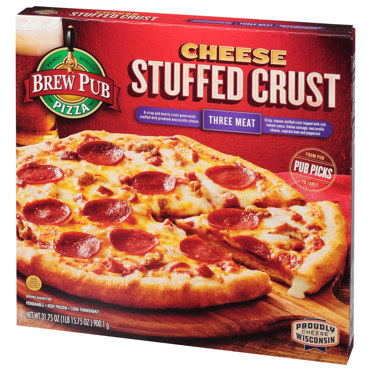 slide 3 of 13, Brew Pub Pizza Stuffed Crust Cheese Three Meat Pizza 31.75 oz, 