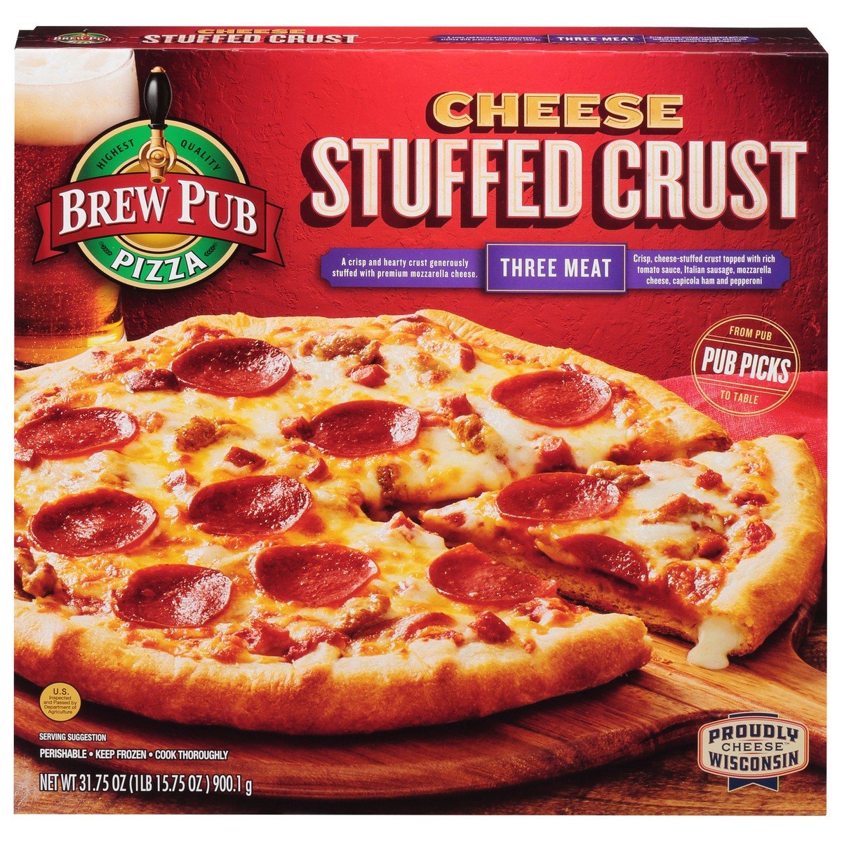 slide 7 of 13, Brew Pub Pizza Stuffed Crust Cheese Three Meat Pizza 31.75 oz, 