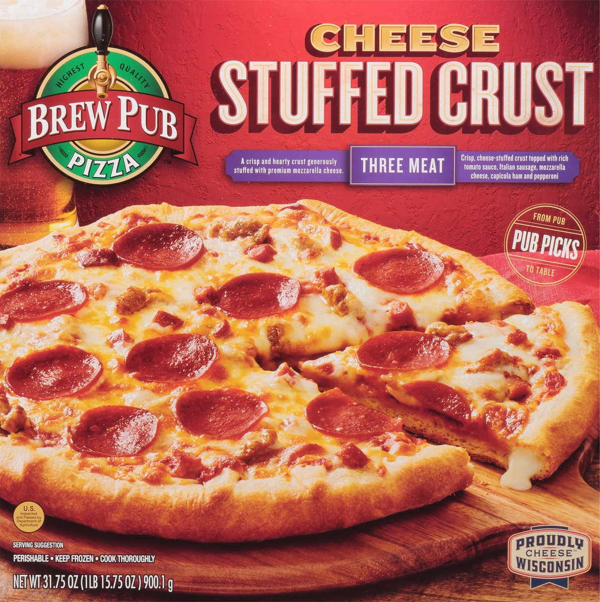 slide 8 of 13, Brew Pub Pizza Stuffed Crust Cheese Three Meat Pizza 31.75 oz, 