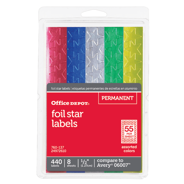 slide 1 of 1, Office Depot Brand Foil Stars, 1/2'' Diameter, Assorted Colors, Pack Of 440, 440 ct