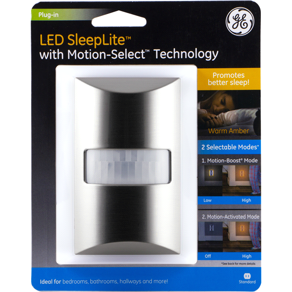 slide 1 of 7, GE LED Amber SleepLite, Plug-In Motion-Activated, Brushed Nickel, 40449, 1 ct