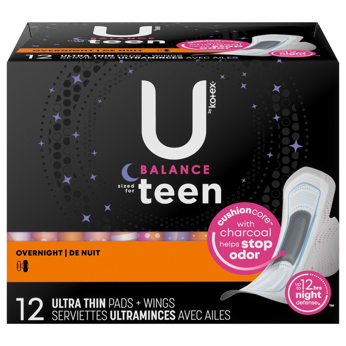 slide 1 of 5, U by Kotex Balance Sized for Teens Ultra Thin Overnight Pads with Wings, 12 Count, 12 ct