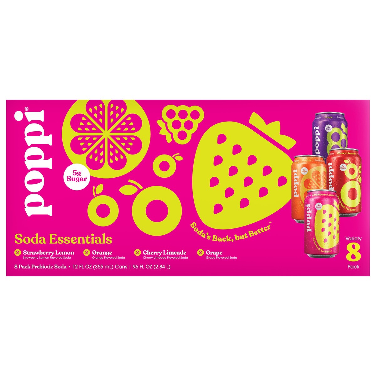 slide 1 of 7, Poppi Assorted Prebiotic Soda Variety Pack 8 - 12 fl oz Cans, 96 fl oz