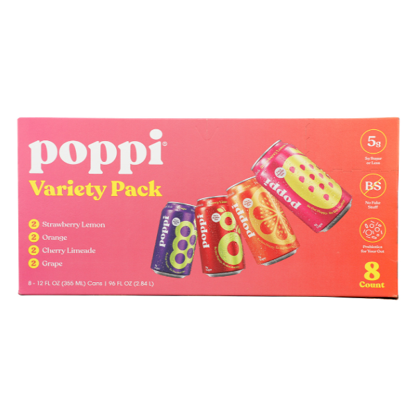 slide 1 of 1, Poppi Assorted Prebiotic Soda Variety Pack 8 - 12 fl oz Cans, 96 fl oz