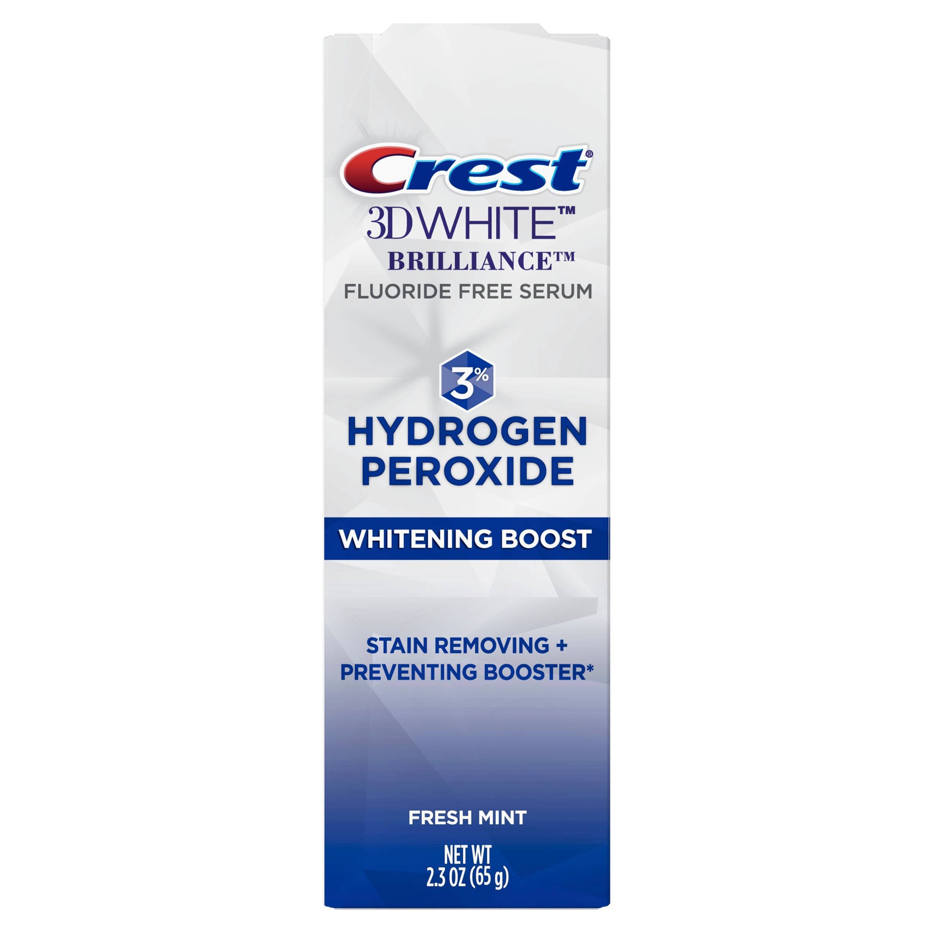 slide 1 of 4, Crest 3D White Brilliance Hydrogen Peroxide Fresh Mint Whitening Boost Toothpaste, 2.3 oz