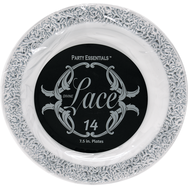 slide 1 of 1, PARTY ESSENTIALS 7.5" Lace Plate White W/ Silver Edg, 1 ct