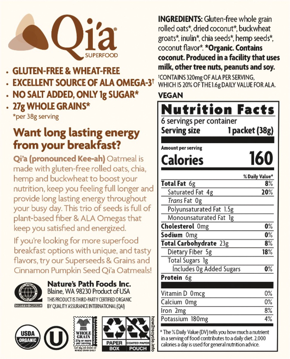 slide 3 of 3, Nature's Path Organic Nature's Path Qi'a Organic Creamy Coconut Oatmeal 8oz Box, 8 oz