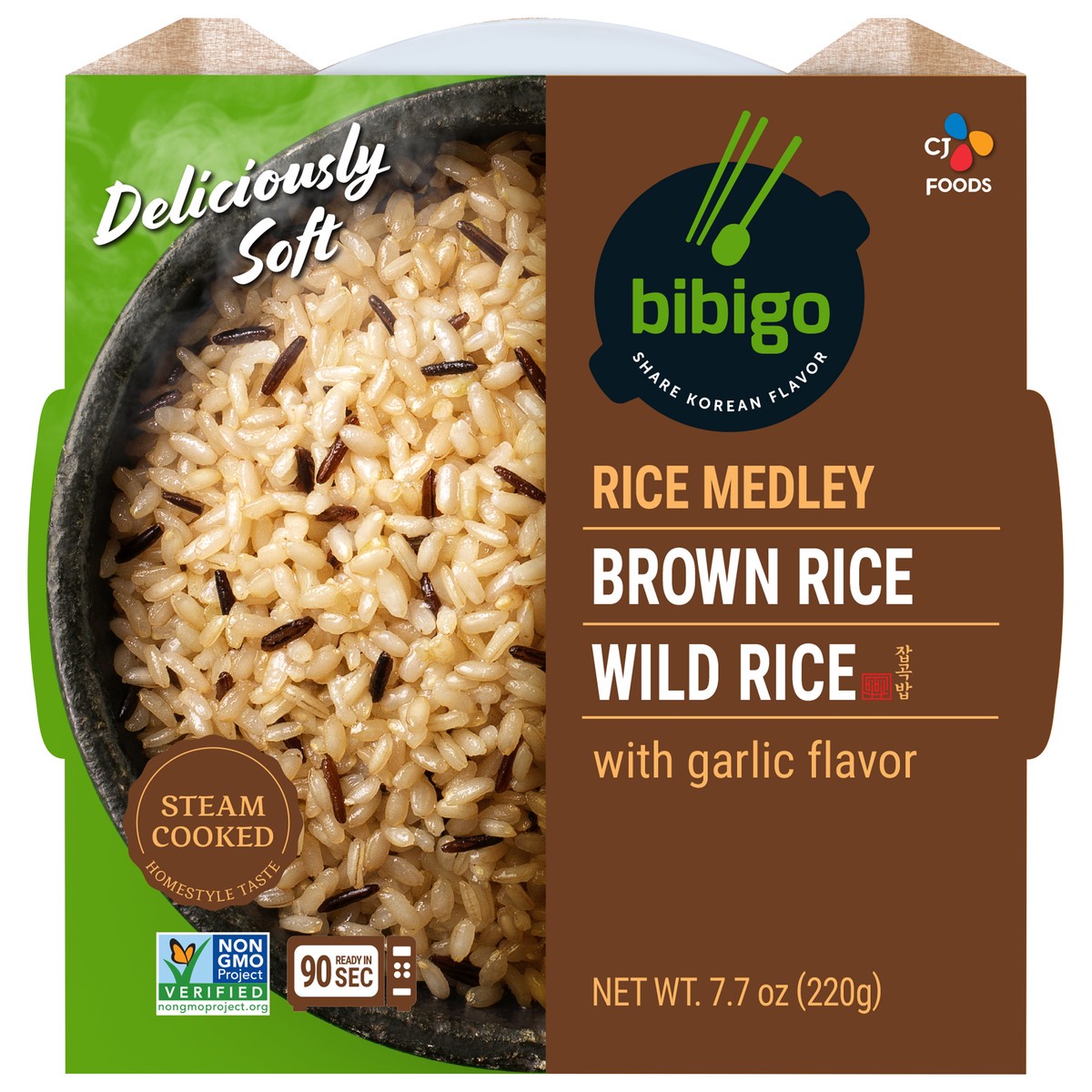 slide 1 of 9, Bibigo Brown Rice Wild Rice With Garlic Flavor, 7.7 oz