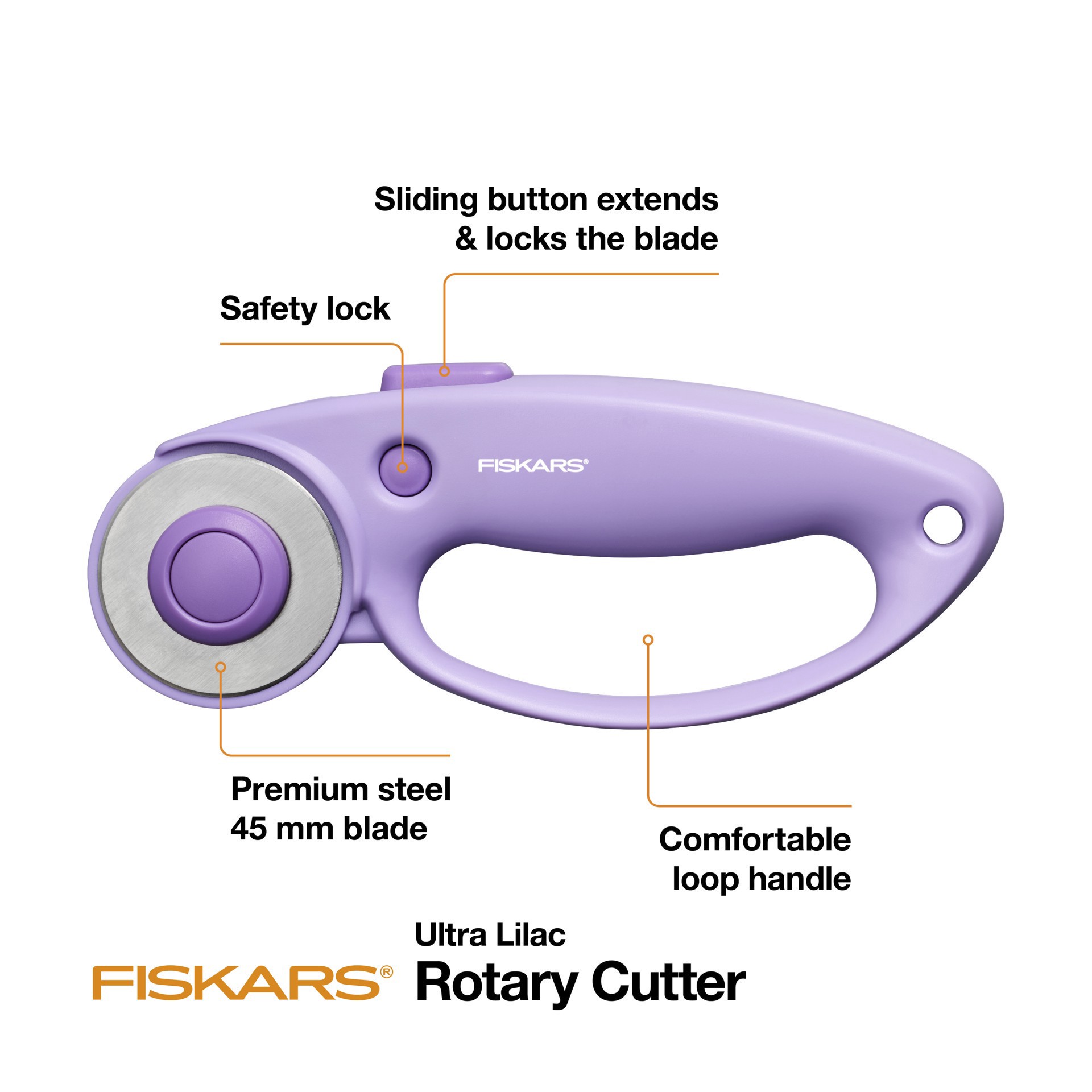 slide 7 of 10, Fiskars 45mm Ultra Lilac Loop Rotary Cutter, 45 mm