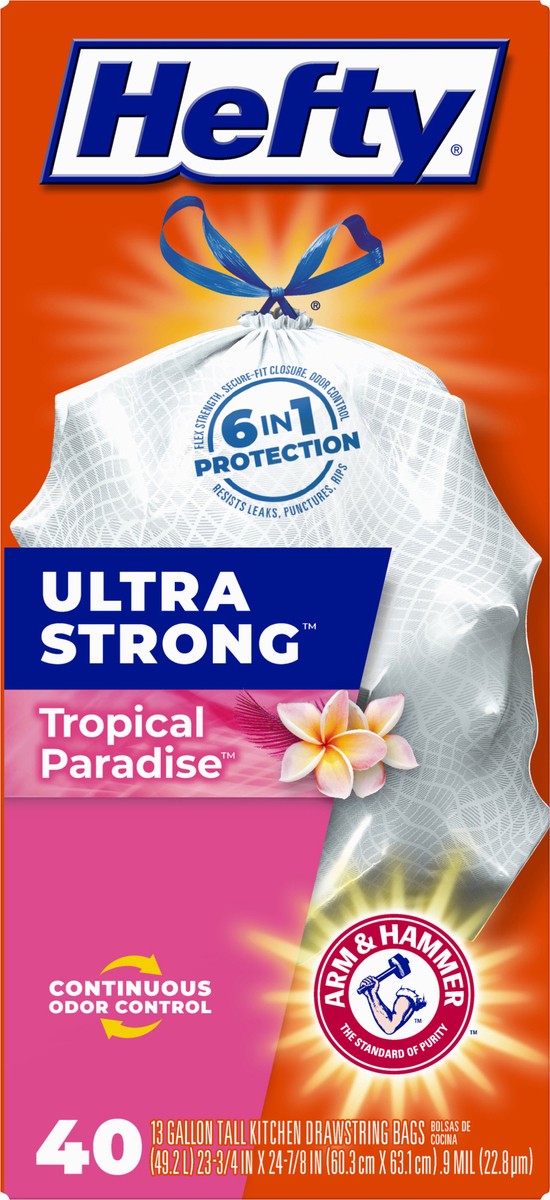 slide 3 of 8, Hefty Ultra Strong Ultra Strong 13 Gallon Drawstring Tropical Paradise Tall Kitchen Bags 40 ea, 40 ct