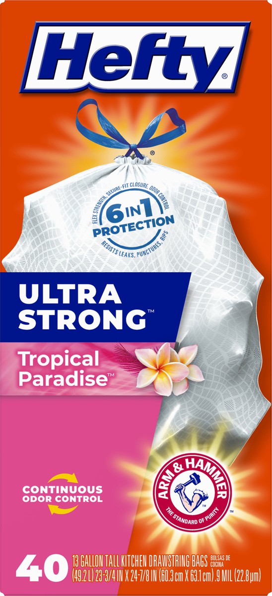 slide 4 of 8, Hefty Ultra Strong Ultra Strong 13 Gallon Drawstring Tropical Paradise Tall Kitchen Bags 40 ea, 40 ct