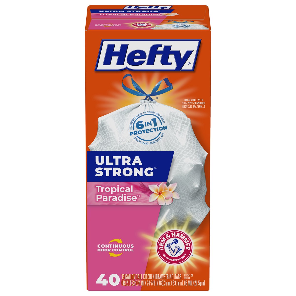 slide 1 of 8, Hefty Ultra Strong Ultra Strong 13 Gallon Drawstring Tropical Paradise Tall Kitchen Bags 40 ea, 40 ct