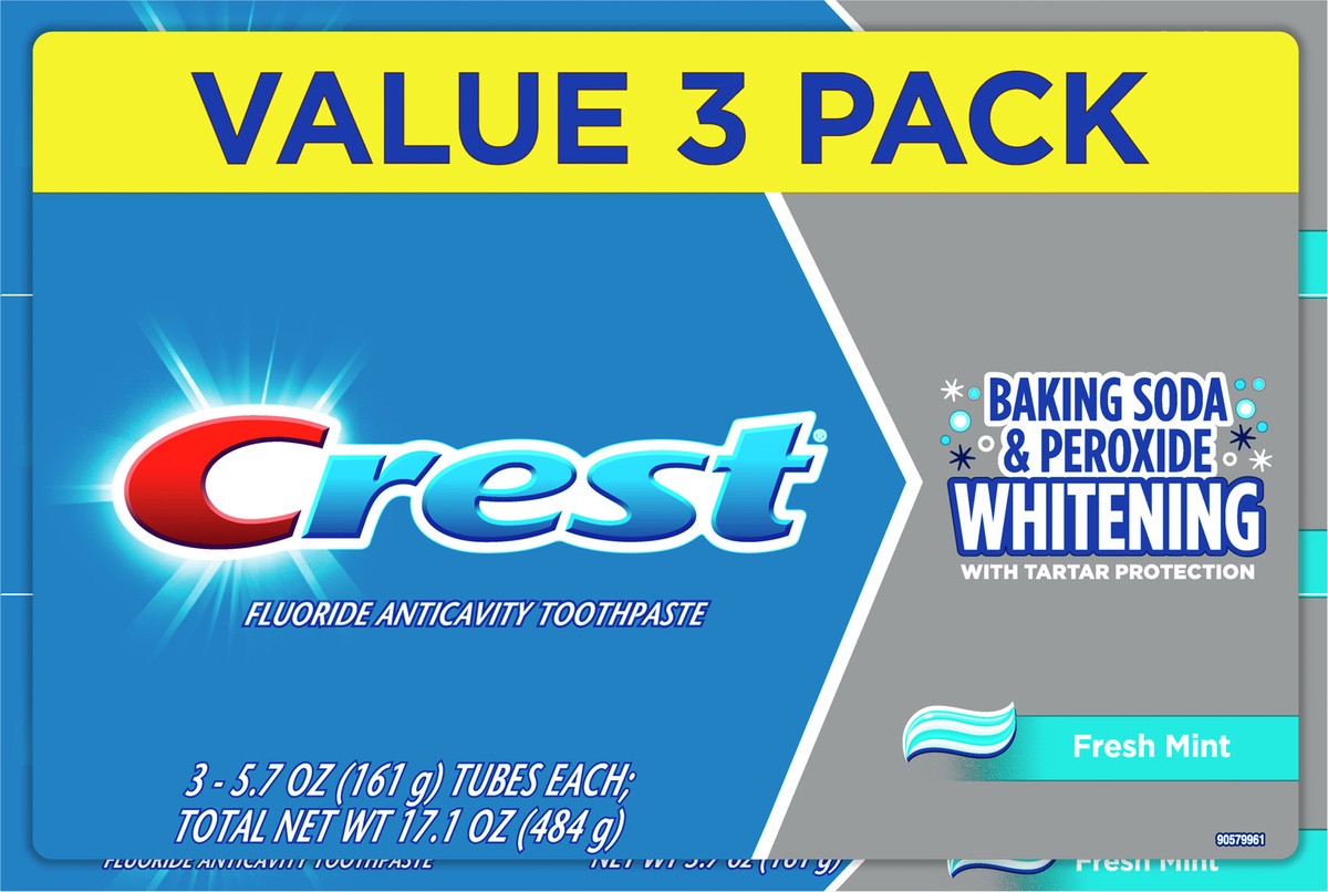 slide 9 of 10, Crest Cavity & Tartar Protection Toothpaste, Whitening Baking Soda & Peroxide, 5.7 oz, Pack of 3, 3 ct