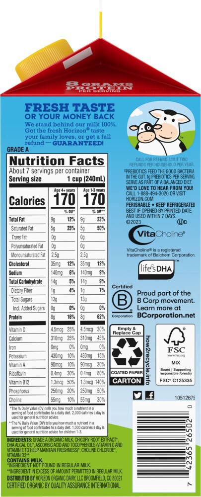 slide 3 of 5, Horizon Organic Growing Years Whole Milk with DHA Omega-3, 59 fl oz Carton, 59 fl oz