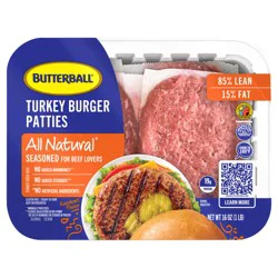 Butterball All Natural Fresh 85/15% Lean Turkey Burger Patties – Seasoned for Beef Lovers 16 oz
