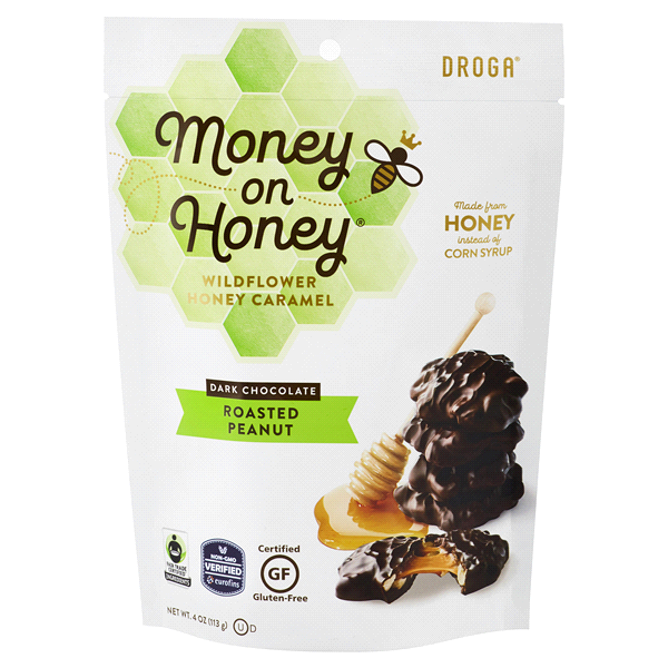 slide 1 of 1, Money On Honey Dark Chocolate Roasted Peanut Honey Caramel Pouch, 4.8 oz