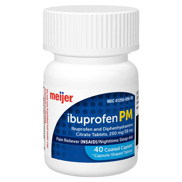 slide 8 of 29, Meijer Ibuprofen PM, Ibuprofen and Diphenhydramine Citrate Tablets /, 200 mg, 38 mg, 40 ct