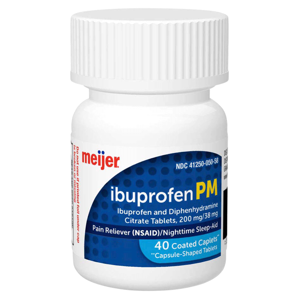 slide 9 of 29, Meijer Ibuprofen PM, Ibuprofen and Diphenhydramine Citrate Tablets /, 200 mg, 38 mg, 40 ct