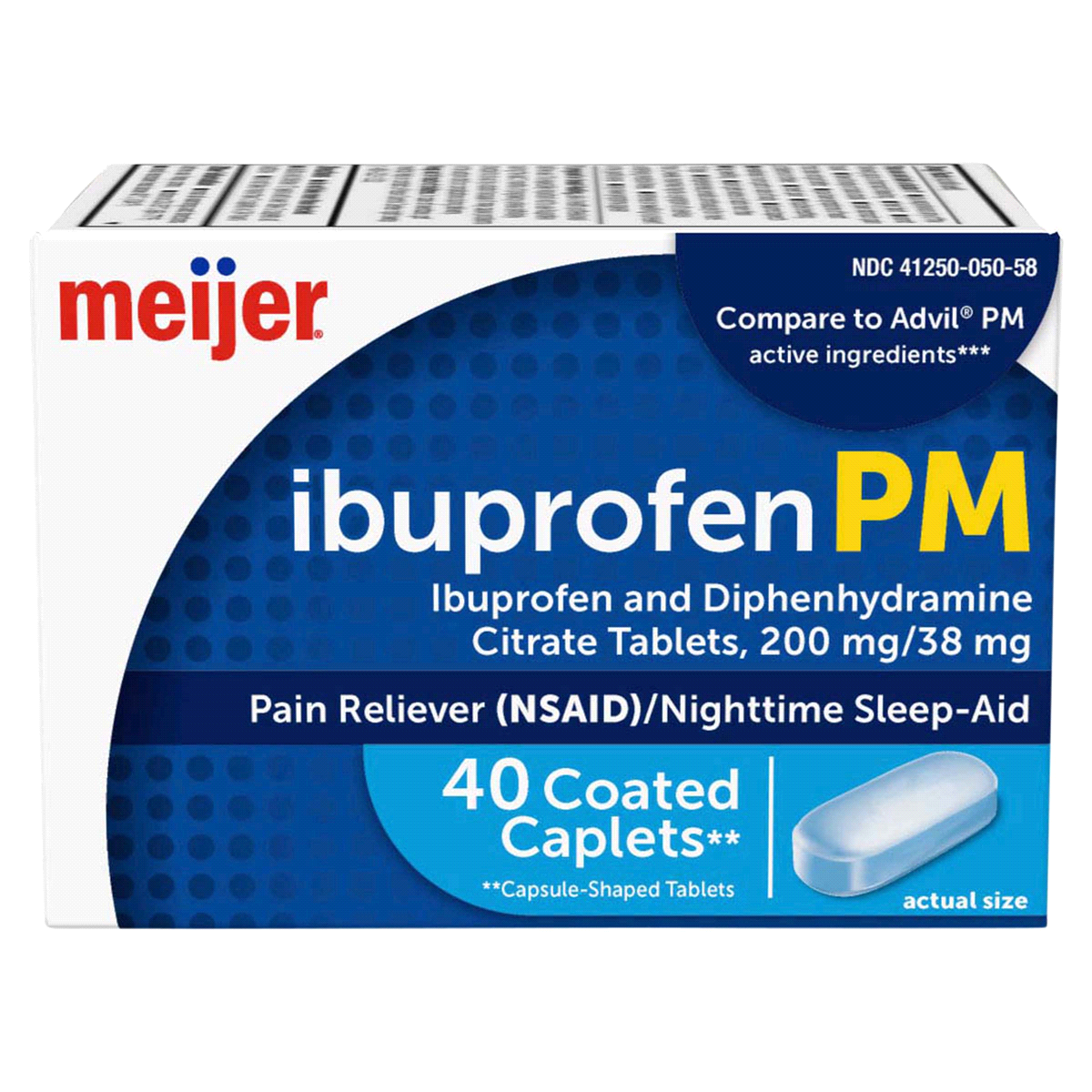 slide 1 of 29, Meijer Ibuprofen PM, Ibuprofen and Diphenhydramine Citrate Tablets /, 200 mg, 38 mg, 40 ct