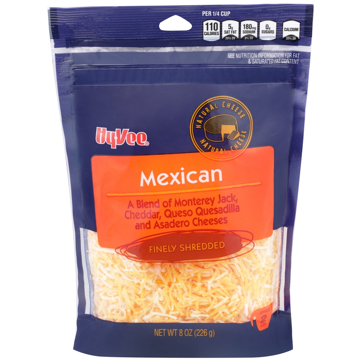 slide 1 of 1, Hy-vee Mexican A Blend Of Monterey Jack, Cheddar, Queso Quesadilla And Asadero Finely Shredded Cheeses, 8 oz