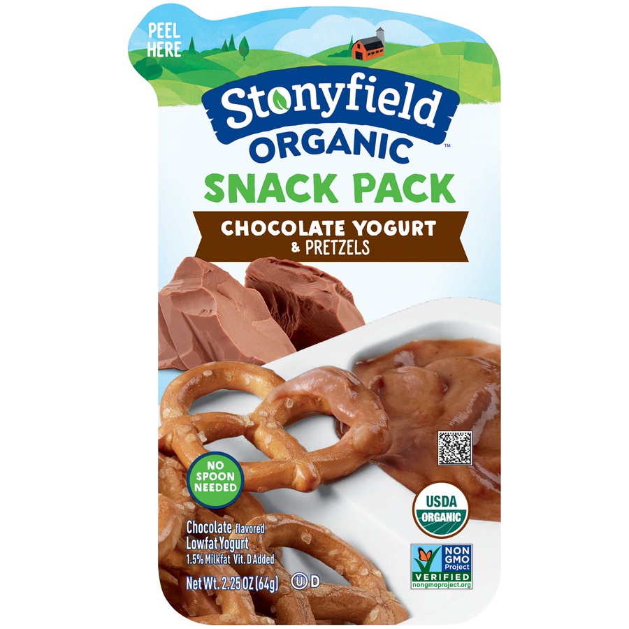 slide 1 of 1, Stonyfield Organic Chocolate Lowfat Yogurt & Pretzels Snack Pack, 2.25 oz