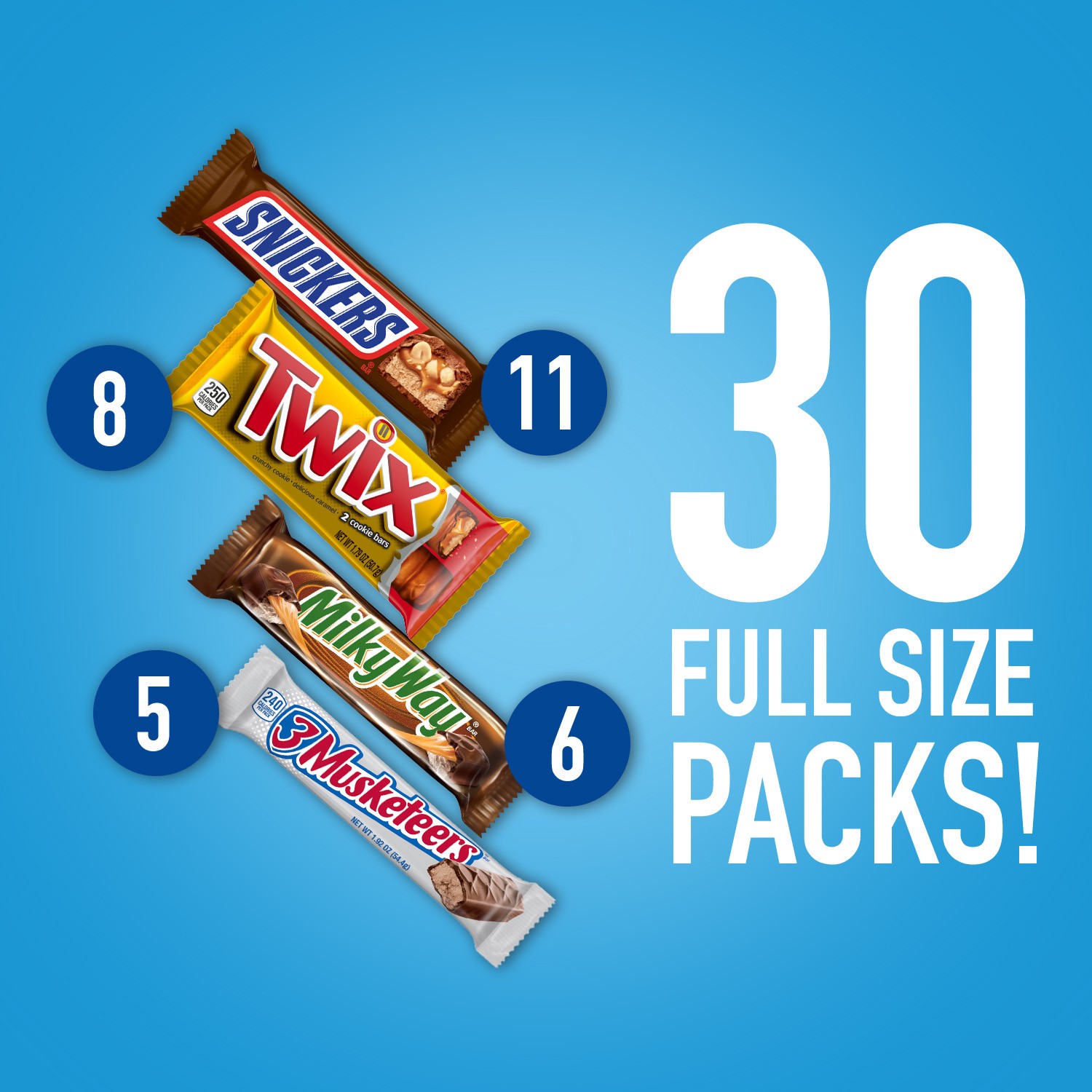 slide 6 of 8, Mixed SNICKERS, TWIX, 3 MUSKETEERS & MILKY WAY Milk Chocolate Candy Bars Variety Pack, 30ct Bulk Candy Box, 55.42 oz