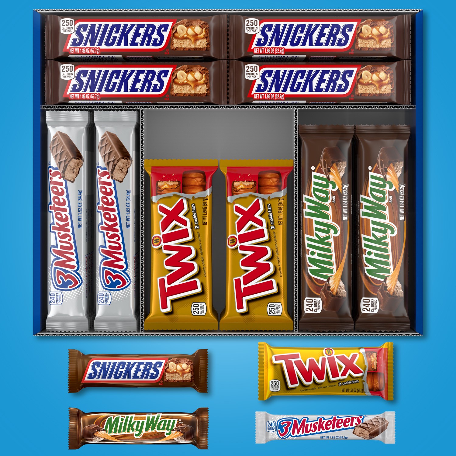 slide 4 of 8, Mixed SNICKERS, TWIX, 3 MUSKETEERS & MILKY WAY Milk Chocolate Candy Bars Variety Pack, 30ct Bulk Candy Box, 55.42 oz