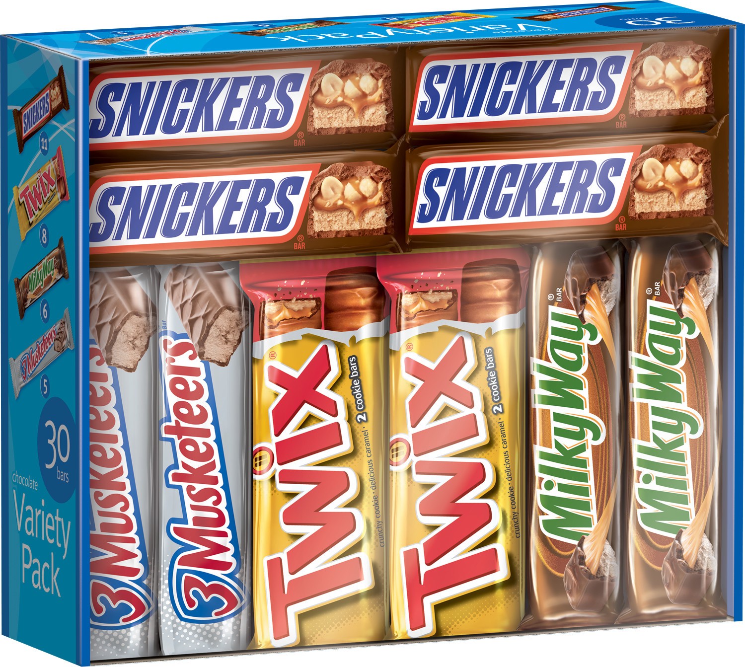 slide 1 of 8, Mixed SNICKERS, TWIX, 3 MUSKETEERS & MILKY WAY Milk Chocolate Candy Bars Variety Pack, 30ct Bulk Candy Box, 55.42 oz