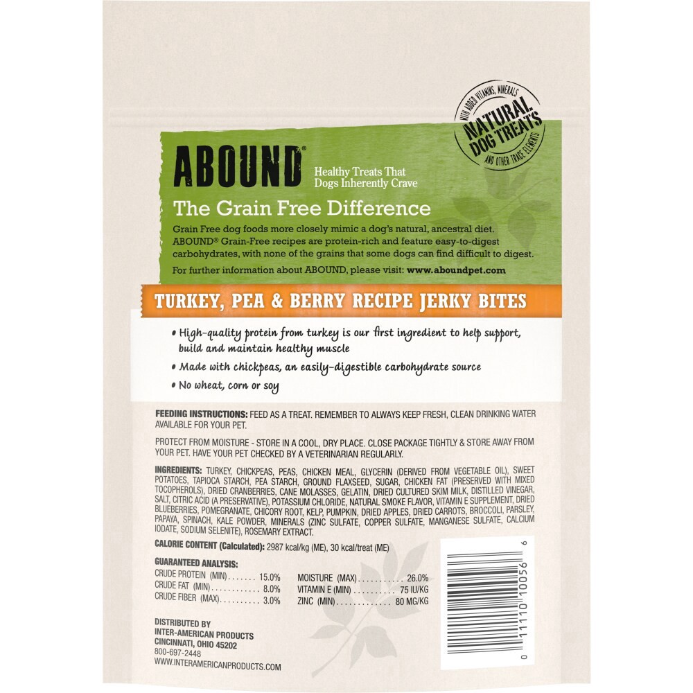 slide 2 of 2, Abound Grain Free Turkey Pea & Berry Jerky Bites, 12 oz