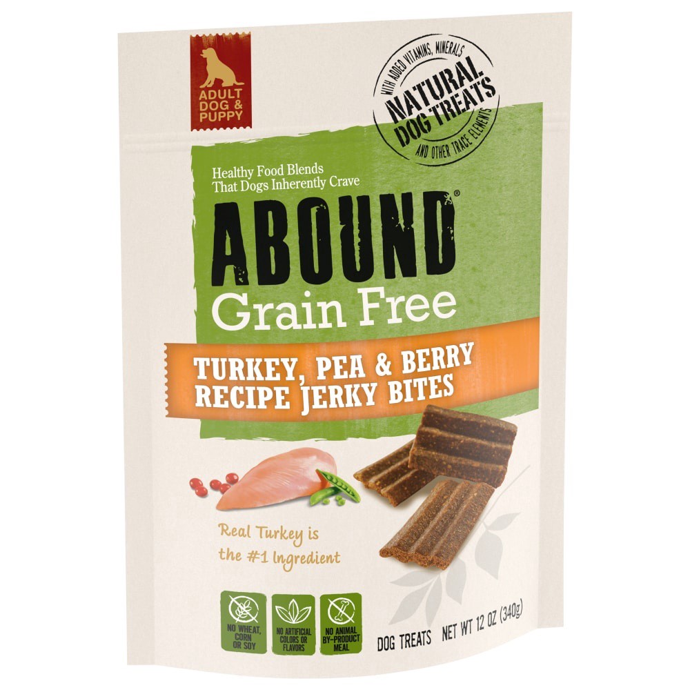 slide 1 of 2, Abound Grain Free Turkey Pea & Berry Jerky Bites, 12 oz