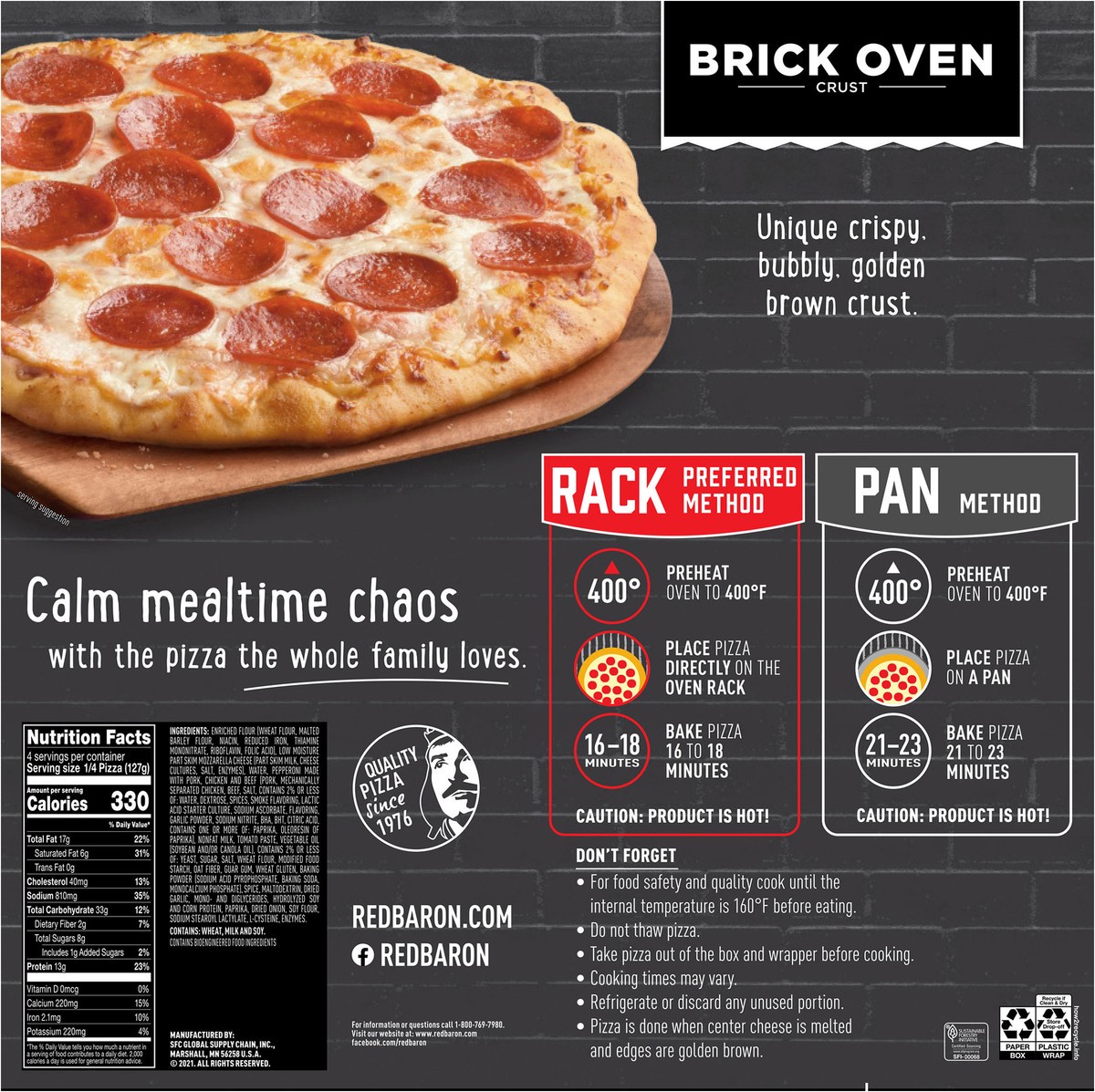 slide 3 of 9, Red Baron Brick Oven Pepperoni Frozen Pizza - 17.89oz, 17.89 oz